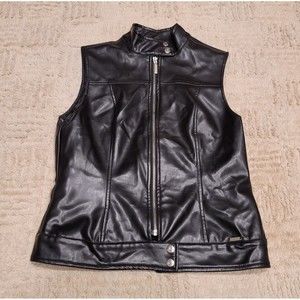 Guess Outerwear USA Womens Medium Black Faux Leather Biker Vest Full Zip EUC